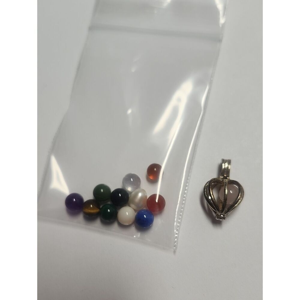 Mixed Gemstone Beads and Heart Cage Sterling Silver Pendant Interchangable Bead